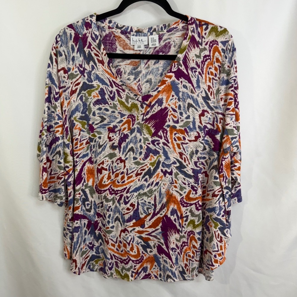 Nicole Miller New York Linen Abstract Print V-Neck 3/4 Sleeve Tunic Top 2X Boho - Picture 1 of 10